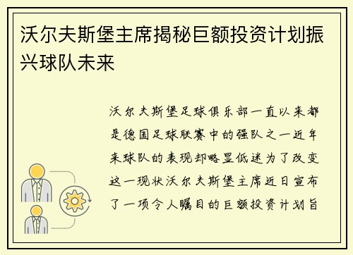 沃尔夫斯堡主席揭秘巨额投资计划振兴球队未来